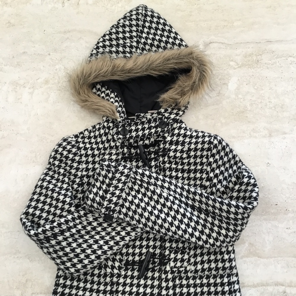 DKNY Houndstooth Jacket with 'Fur' Hood - Size M